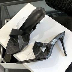 Novelty Transparent PVC Leather Corss Band Slippers Peep Toe Thin High Heel