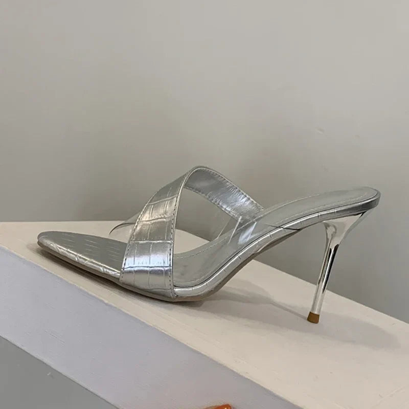 Novelty Transparent PVC Leather Corss Band Slippers Peep Toe Thin High Heel