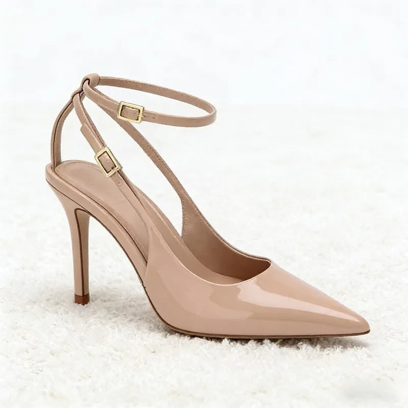 Nude Patent Leather Ankle Strap Buckle Pumps Pointed Toe Stiletto Heel
