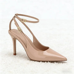 Nude Patent Leather Ankle Strap Buckle Pumps Pointed Toe Stiletto Heel