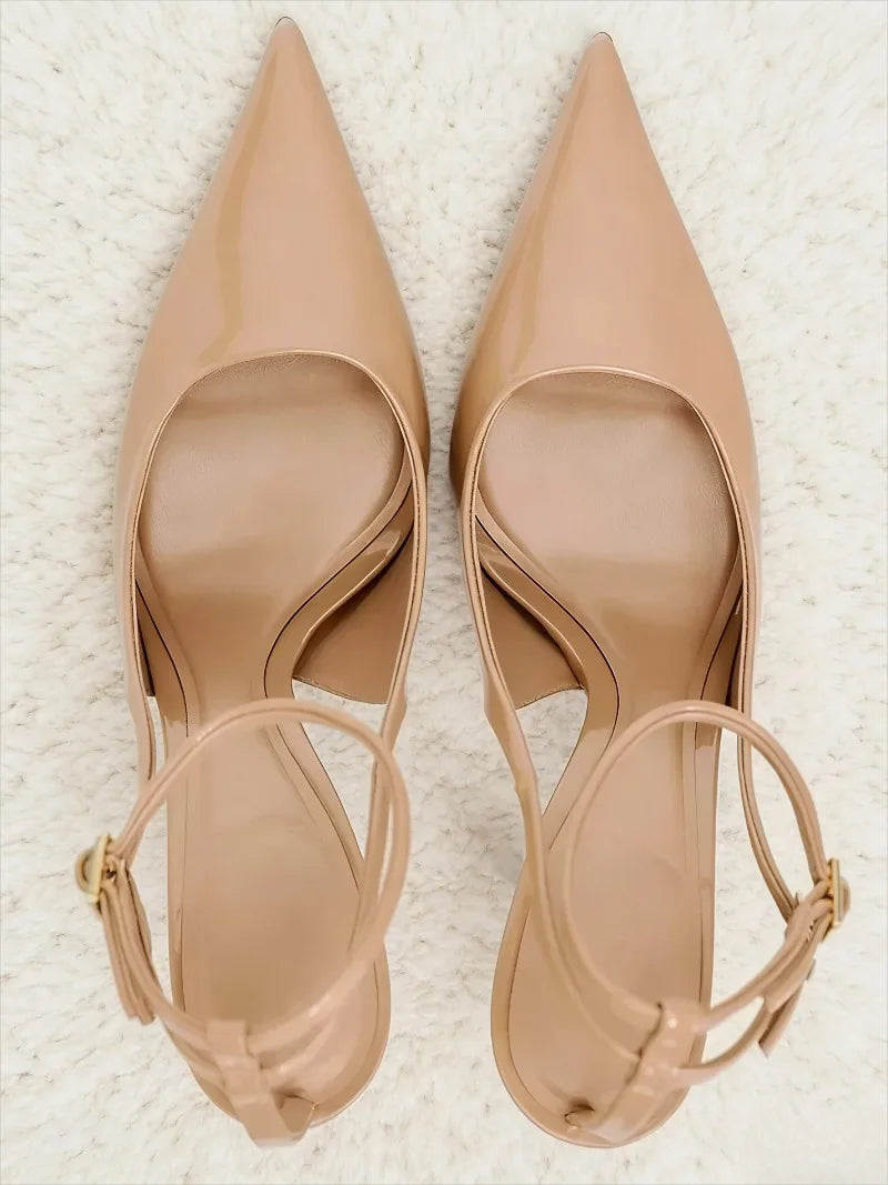 Nude Patent Leather Ankle Strap Buckle Pumps Pointed Toe Stiletto Heel