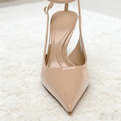 Nude Patent Leather Ankle Strap Buckle Pumps Pointed Toe Stiletto Heel