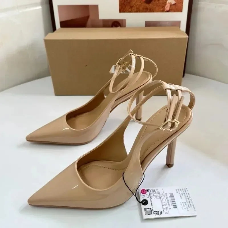 Nude Patent Leather Ankle Strap Buckle Pumps Pointed Toe Stiletto Heel