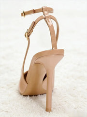 Nude Patent Leather Ankle Strap Buckle Pumps Pointed Toe Stiletto Heel