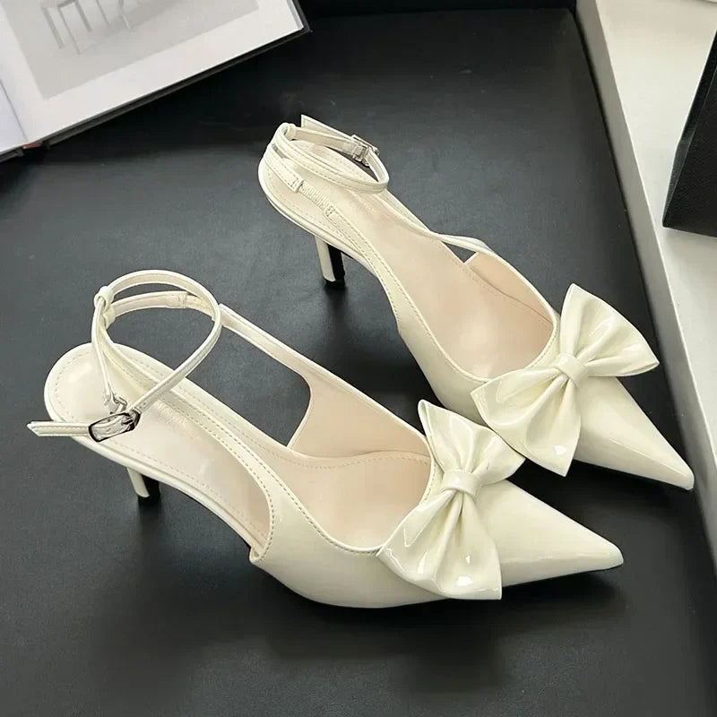 Nude Pink Butterfly-Knot Ankle Strap Pumps Pointed Toe Patent Leather High Heel