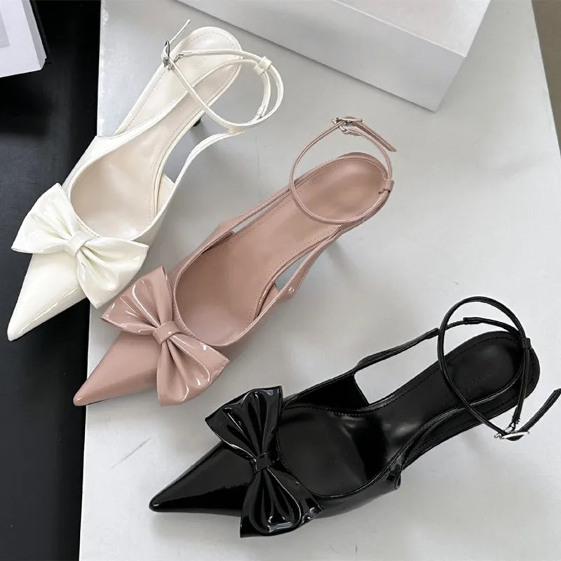 Nude Pink Butterfly-Knot Ankle Strap Pumps Pointed Toe Patent Leather High Heel