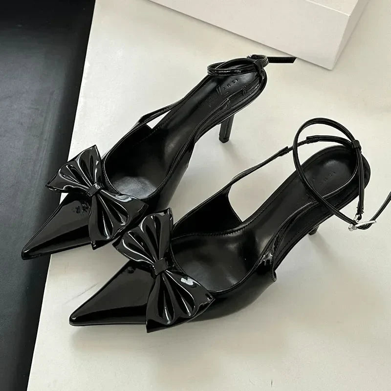 Nude Pink Butterfly-Knot Ankle Strap Pumps Pointed Toe Patent Leather High Heel