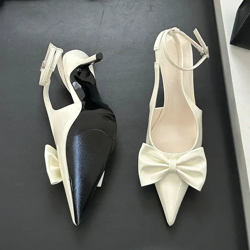 Nude Pink Butterfly-Knot Ankle Strap Pumps Pointed Toe Patent Leather High Heel