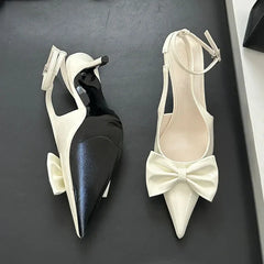 Nude Pink Butterfly-Knot Ankle Strap Pumps Pointed Toe Patent Leather High Heel
