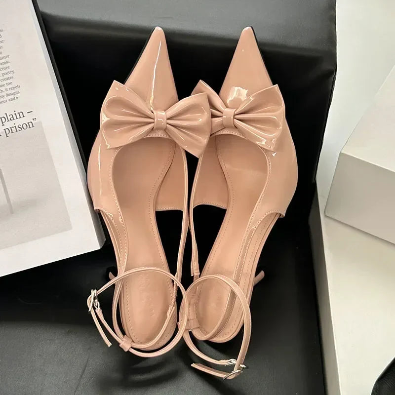 Nude Pink Butterfly-Knot Ankle Strap Pumps Pointed Toe Patent Leather High Heel