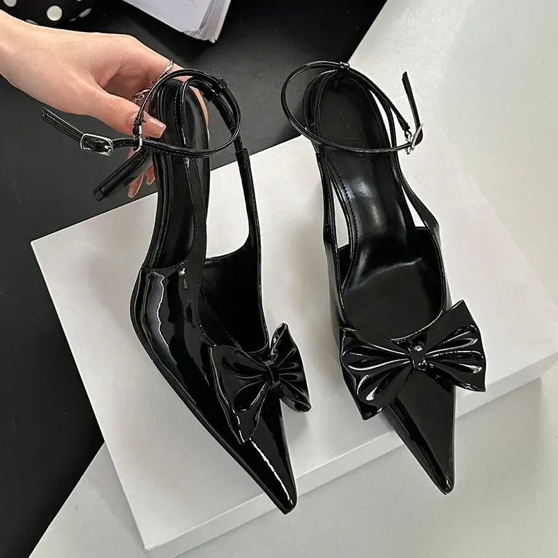 Nude Pink Butterfly-Knot Ankle Strap Pumps Pointed Toe Patent Leather High Heel