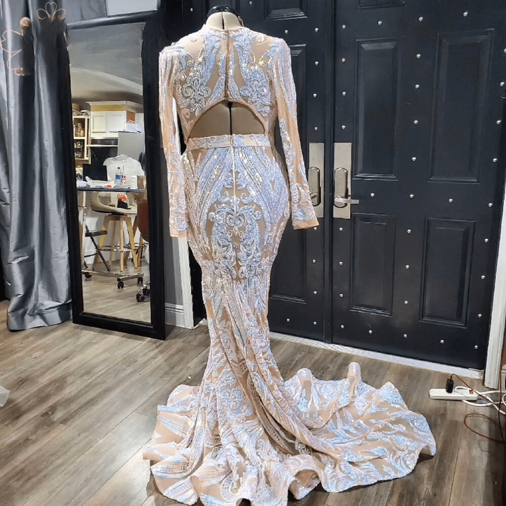 O Neck Backless Long Sleeves Sequined Prom Dresses