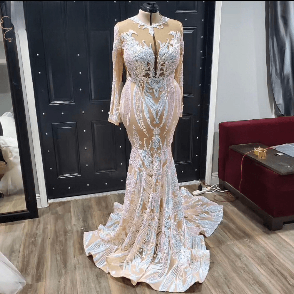 O Neck Backless Long Sleeves Sequined Prom Dresses