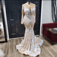 O Neck Backless Long Sleeves Sequined Prom Dresses