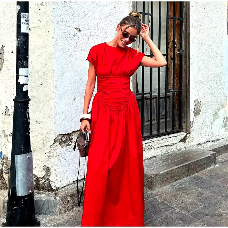 O-Neck Short Sleeve Pleated High Waisted Vestido Chic Elegant Maxi Dresses