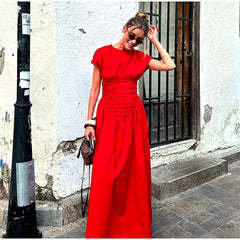 O-Neck Short Sleeve Pleated High Waisted Vestido Chic Elegant Maxi Dresses