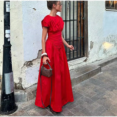 O-Neck Short Sleeve Pleated High Waisted Vestido Chic Elegant Maxi Dresses