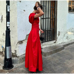 O-Neck Short Sleeve Pleated High Waisted Vestido Chic Elegant Maxi Dresses