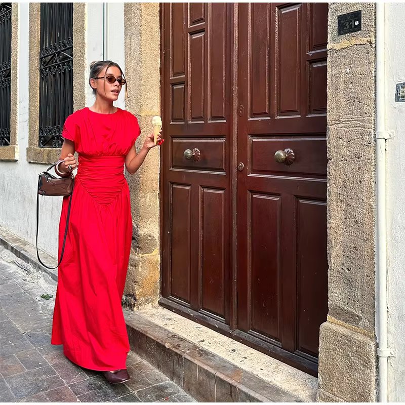 O-Neck Short Sleeve Pleated High Waisted Vestido Chic Elegant Maxi Dresses
