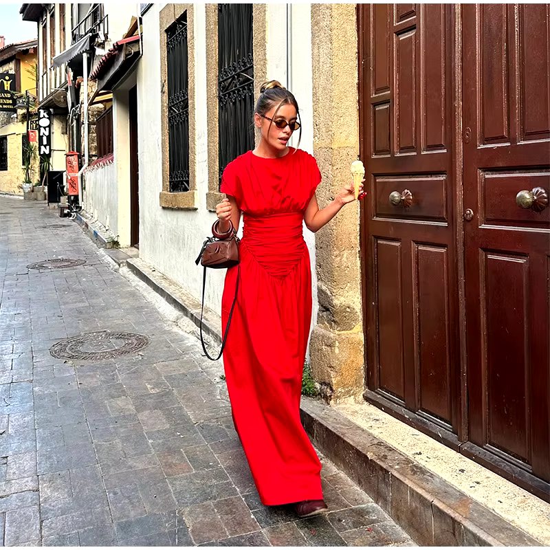O-Neck Short Sleeve Pleated High Waisted Vestido Chic Elegant Maxi Dresses