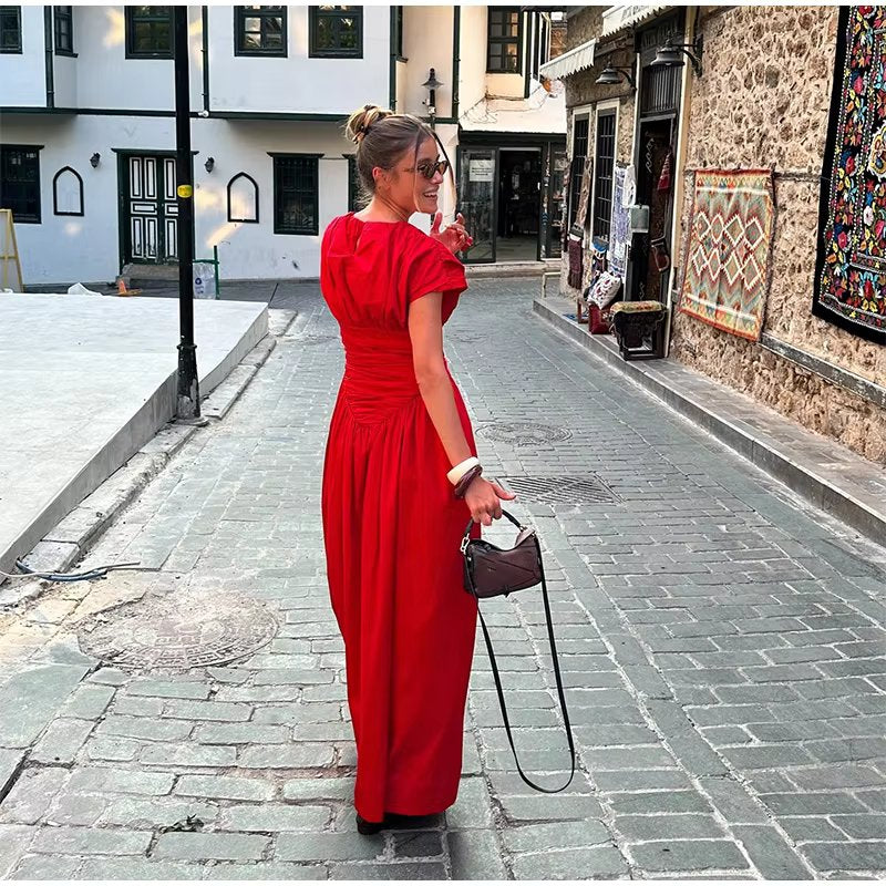 O-Neck Short Sleeve Pleated High Waisted Vestido Chic Elegant Maxi Dresses