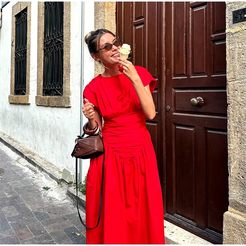 O-Neck Short Sleeve Pleated High Waisted Vestido Chic Elegant Maxi Dresses