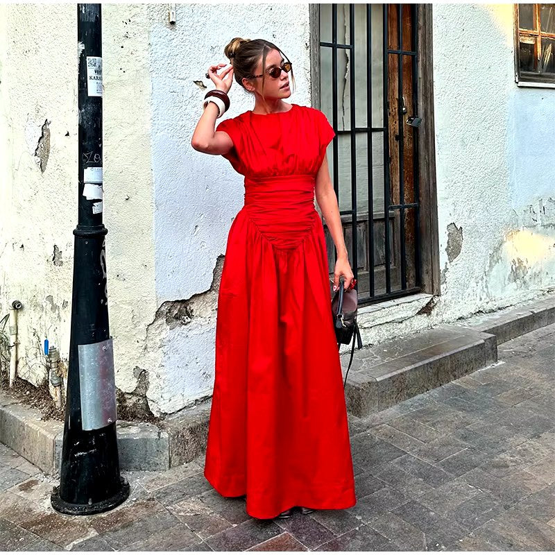 O-Neck Short Sleeve Pleated High Waisted Vestido Chic Elegant Maxi Dresses