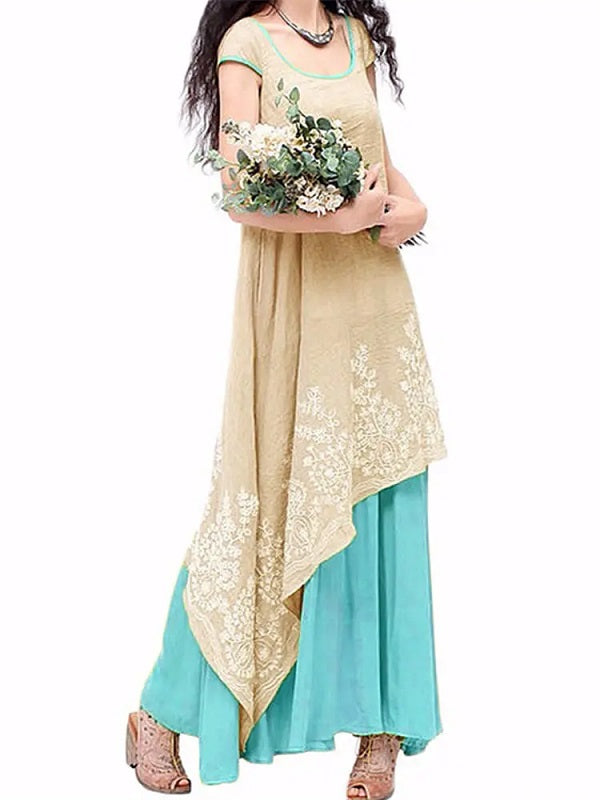 O-Neck Floral Crochet Embroidery Layered Maxi Dress