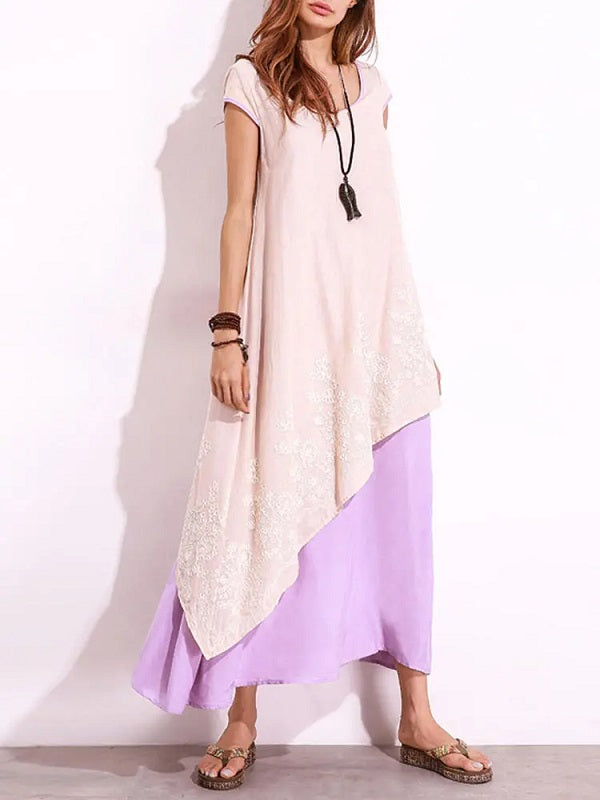 O-Neck Floral Crochet Embroidery Layered Maxi Dress