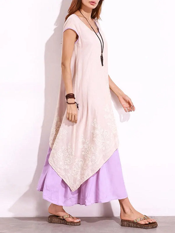 O-Neck Floral Crochet Embroidery Layered Maxi Dress