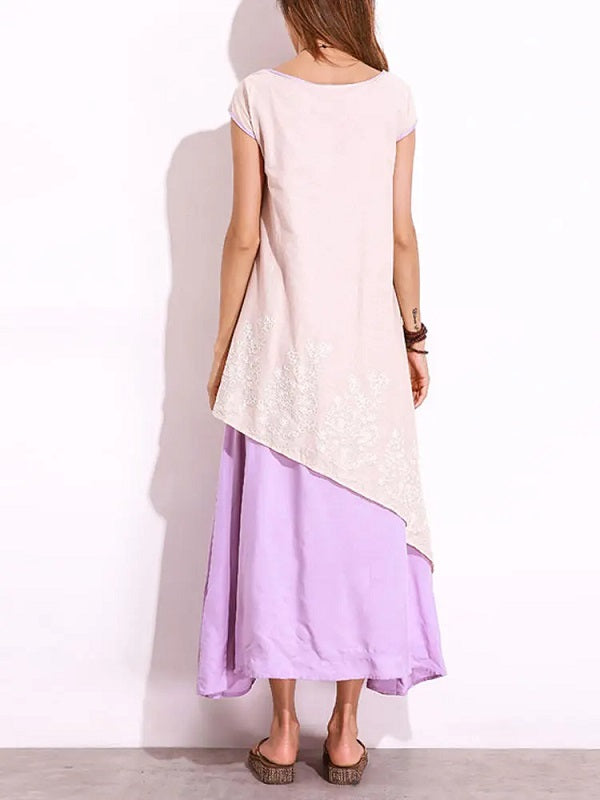 O-Neck Floral Crochet Embroidery Layered Maxi Dress