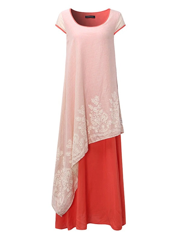 O-Neck Floral Crochet Embroidery Layered Maxi Dress
