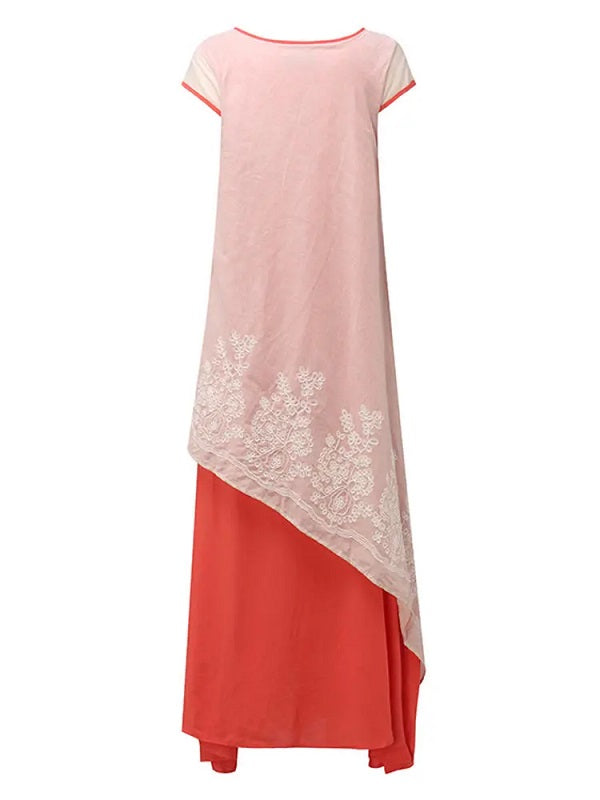 O-Neck Floral Crochet Embroidery Layered Maxi Dress