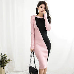 O-Neck Full Sleeve Hit Color Skinny Vestidos Patchwork Sweater Dress