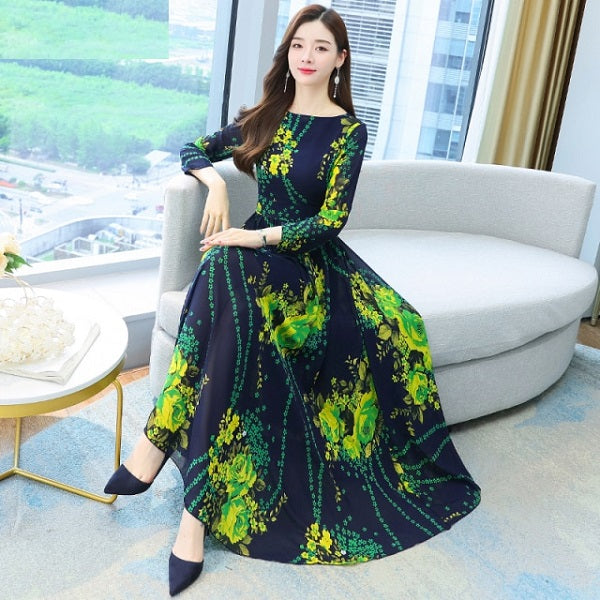 O Neck Long Sleeve Midi Chiffon Dress