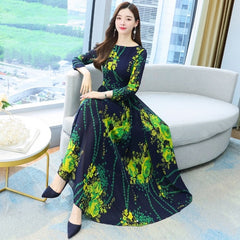 O Neck Long Sleeve Midi Chiffon Dress