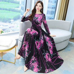 O Neck Long Sleeve Midi Chiffon Dress