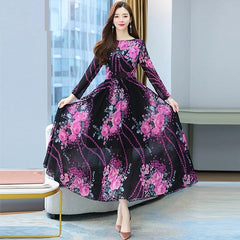 O Neck Long Sleeve Midi Chiffon Dress