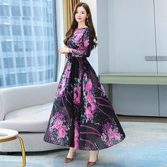 O Neck Long Sleeve Midi Chiffon Dress