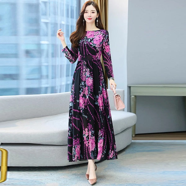 O Neck Long Sleeve Midi Chiffon Dress