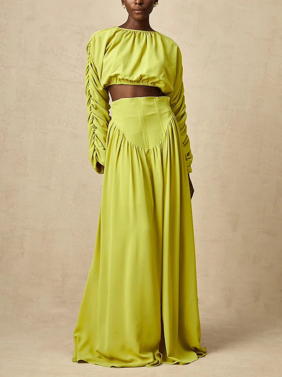Vintage O Neck Long Sleeve Short Top High Waist A Line Skirts Suits Solid Loose Two Piece Set