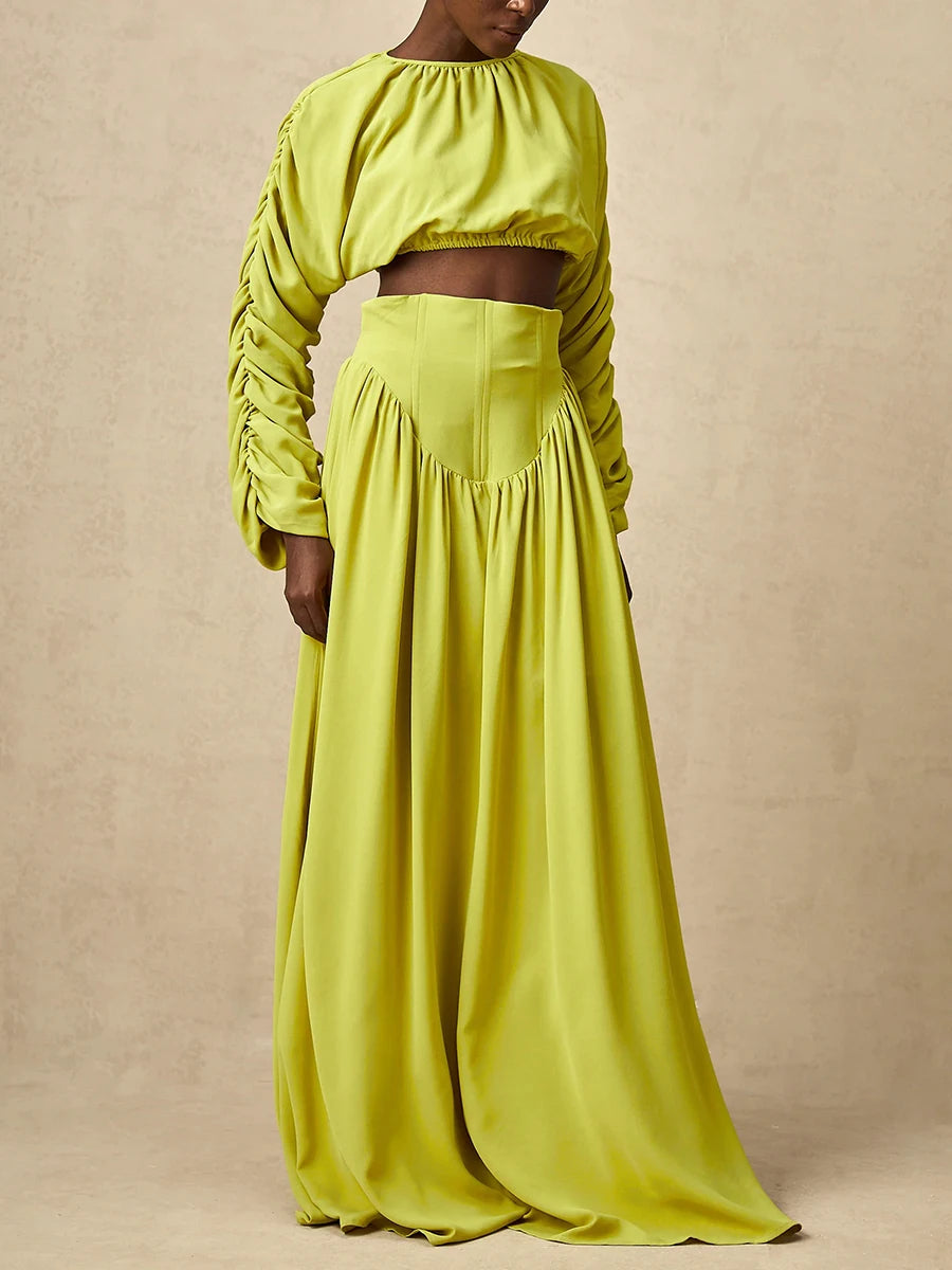 Vintage O Neck Long Sleeve Short Top High Waist A Line Skirts Suits Solid Loose Two Piece Set