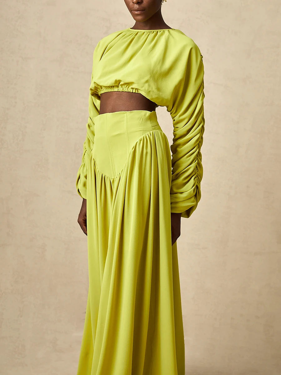 Vintage O Neck Long Sleeve Short Top High Waist A Line Skirts Suits Solid Loose Two Piece Set