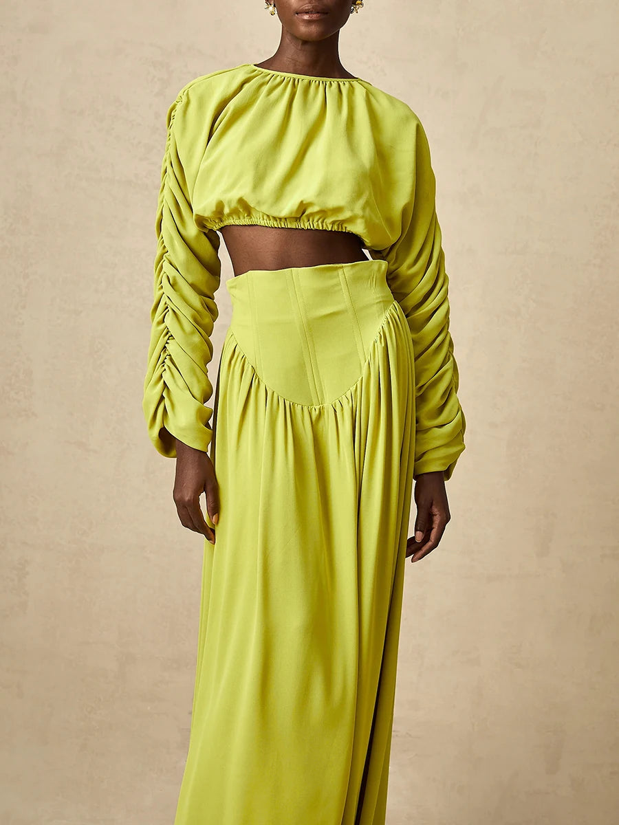 Vintage O Neck Long Sleeve Short Top High Waist A Line Skirts Suits Solid Loose Two Piece Set
