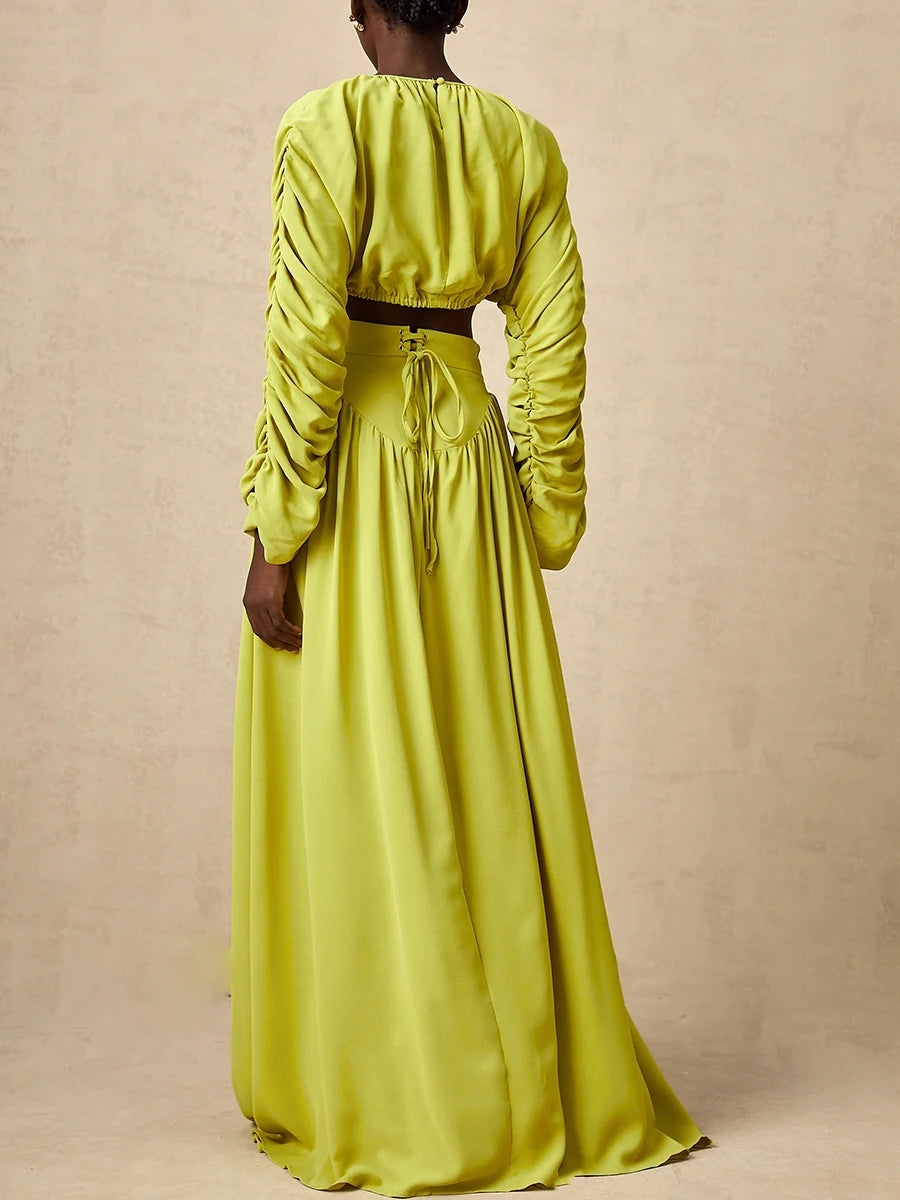 Vintage O Neck Long Sleeve Short Top High Waist A Line Skirts Suits Solid Loose Two Piece Set