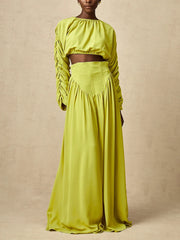 Vintage O Neck Long Sleeve Short Top High Waist A Line Skirts Suits Solid Loose Two Piece Set