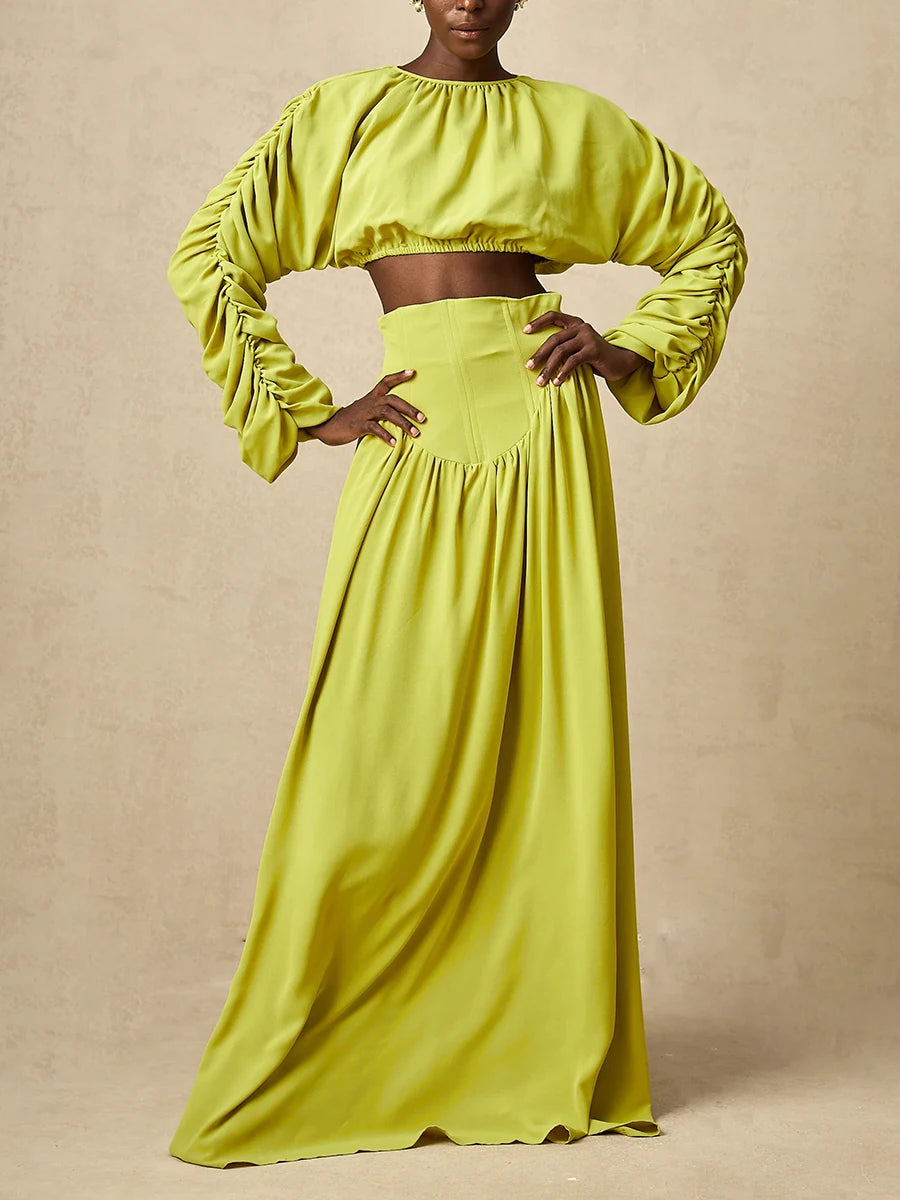 Vintage O Neck Long Sleeve Short Top High Waist A Line Skirts Suits Solid Loose Two Piece Set