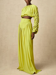 Vintage O Neck Long Sleeve Short Top High Waist A Line Skirts Suits Solid Loose Two Piece Set