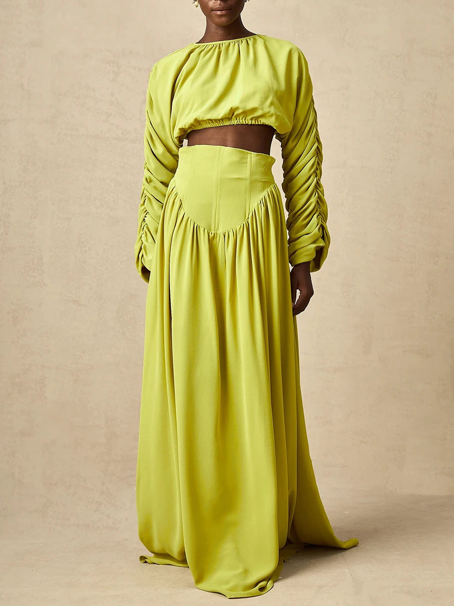 Vintage O Neck Long Sleeve Short Top High Waist A Line Skirts Suits Solid Loose Two Piece Set