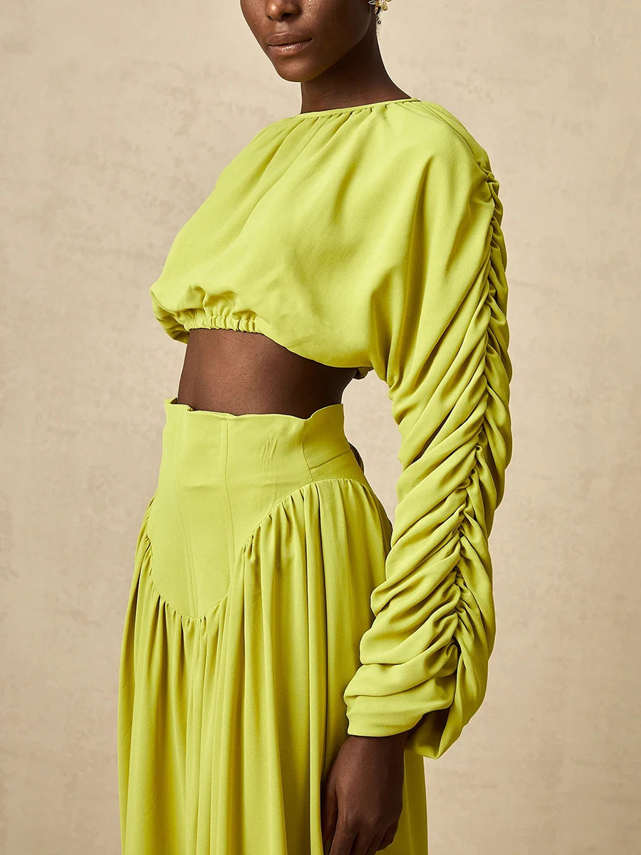Vintage O Neck Long Sleeve Short Top High Waist A Line Skirts Suits Solid Loose Two Piece Set